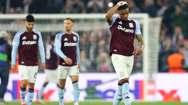 BIRMINGHAM, ENGLAND - APRIL 15: Ezri Konsa of Aston Villa reacts after the UEFA Champions League 2024/25 Quarter Final Second Leg match between Aston Villa FC and Paris Saint-Germain at Villa Park on April 15, 2025 in Birmingham, England.