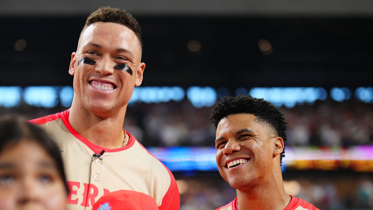 ARLINGTON, TX - JULY 16: Aaron Judge #99 and Juan Soto #22 of the New York Yankees stand during the national anthem prior to the 94th MLB All-Star Game presented by Mastercard at Globe Life Field on Tuesday, July 16, 2024 in Arlington, Texas.