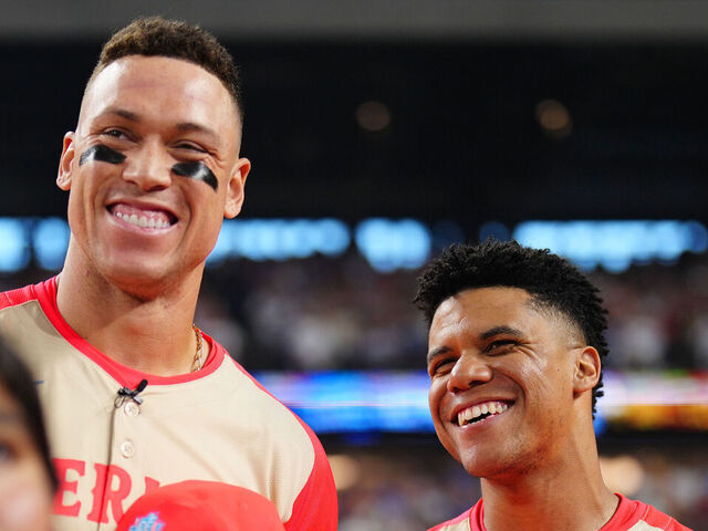 ARLINGTON, TX - JULY 16: Aaron Judge #99 and Juan Soto #22 of the New York Yankees stand during the national anthem prior to the 94th MLB All-Star Game presented by Mastercard at Globe Life Field on Tuesday, July 16, 2024 in Arlington, Texas.