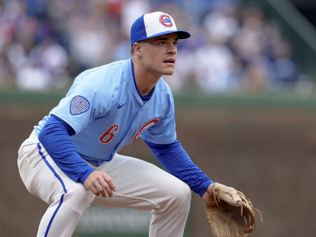 CHICAGO, ILLINOIS - APRIL 5: Matt Shaw #6 of the Chicago Cubs plays third base in a game against the San Diego Padres at Wrigley Field on April 5, 2025 in Chicago, Illinois.