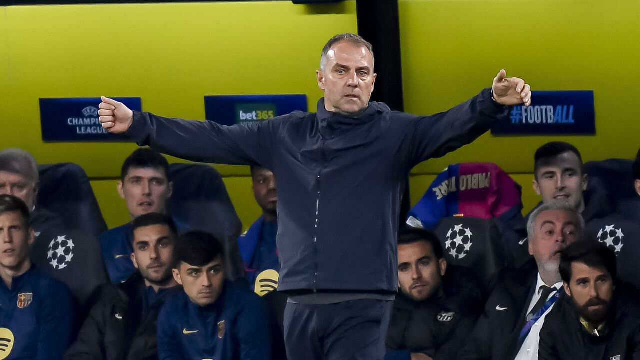 Dortmund, Germany - April 15: head coach Hansi Flick of FC Barcelona gestures during the UEFA Champions League 2024/25 Quarter Final Second Leg match between Borussia Dortmund and FC Barcelona at BVB Stadion Dortmund on April 15, 2025 in Dortmund, Germany.