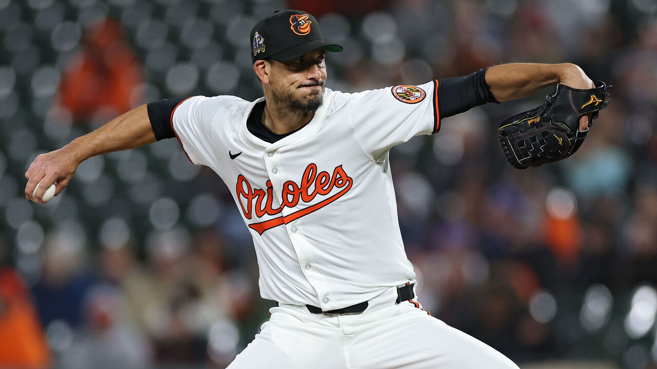 BALTIMORE, MARYLAND - APRIL 15: Starting pitcher Charlie Morton #50 of the Baltimore Orioles works the fourth inning against the Cleveland Guardians at Oriole Park at Camden Yards on April 15, 2025 in Baltimore, Maryland. All players are wearing the number 42 in honor of Jackie Robinson Day.