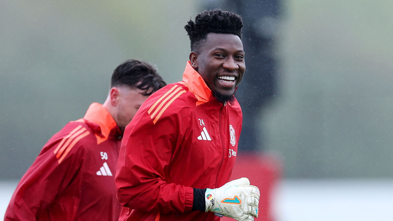 MANCHESTER, ENGLAND - APRIL 16: Andre Onana of Manchester United reacts during a training session ahead of their UEFA Europa League 2024/25 quarter final second leg match against Olympique Lyonnais at Carrington Training Ground on April 16, 2025 in Manchester, England.
