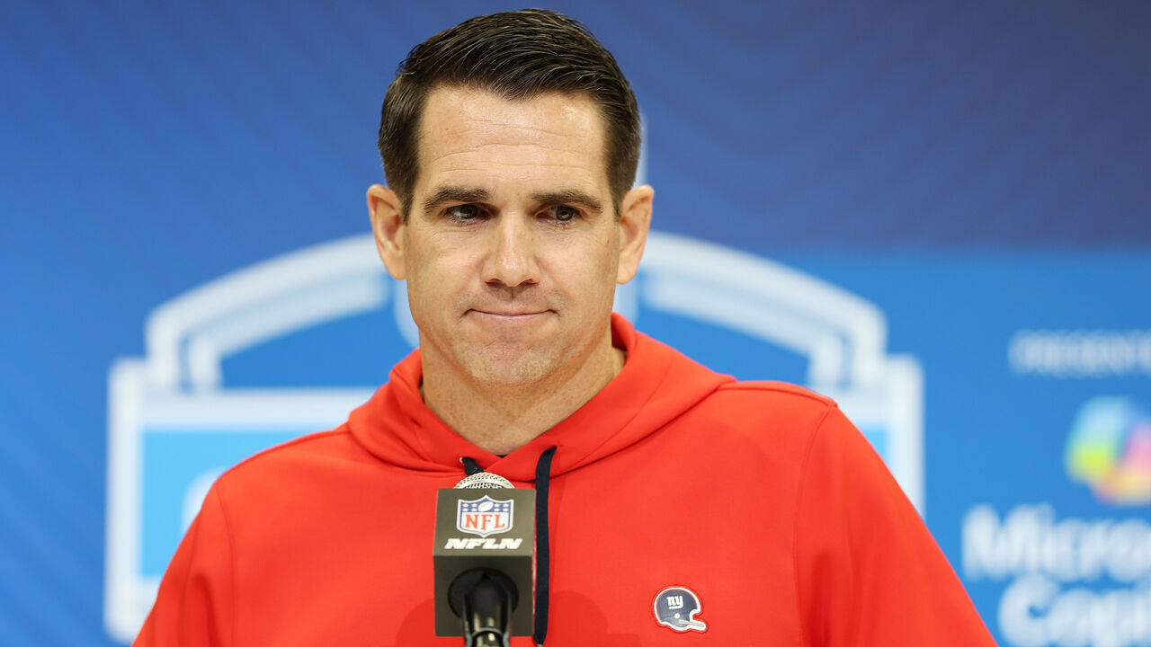 INDIANAPOLIS, INDIANA - FEBRUARY 25: General manager Joe Schoen of the New York Giants speaks to the media during the NFL Scouting Combine at the Indiana Convention Center on February 25, 2025 in Indianapolis, Indiana.