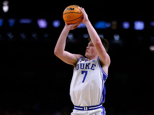 SAN ANTONIO, TEXAS - APRIL 5: Kon Knueppel #7 of the Duke Blue Devils puts up a shot against the Houston Cougars in the first half during the Final Four round of the men's NCAA basketball tournament at Alamodome on April 5, 2025 in San Antonio, Texas.
