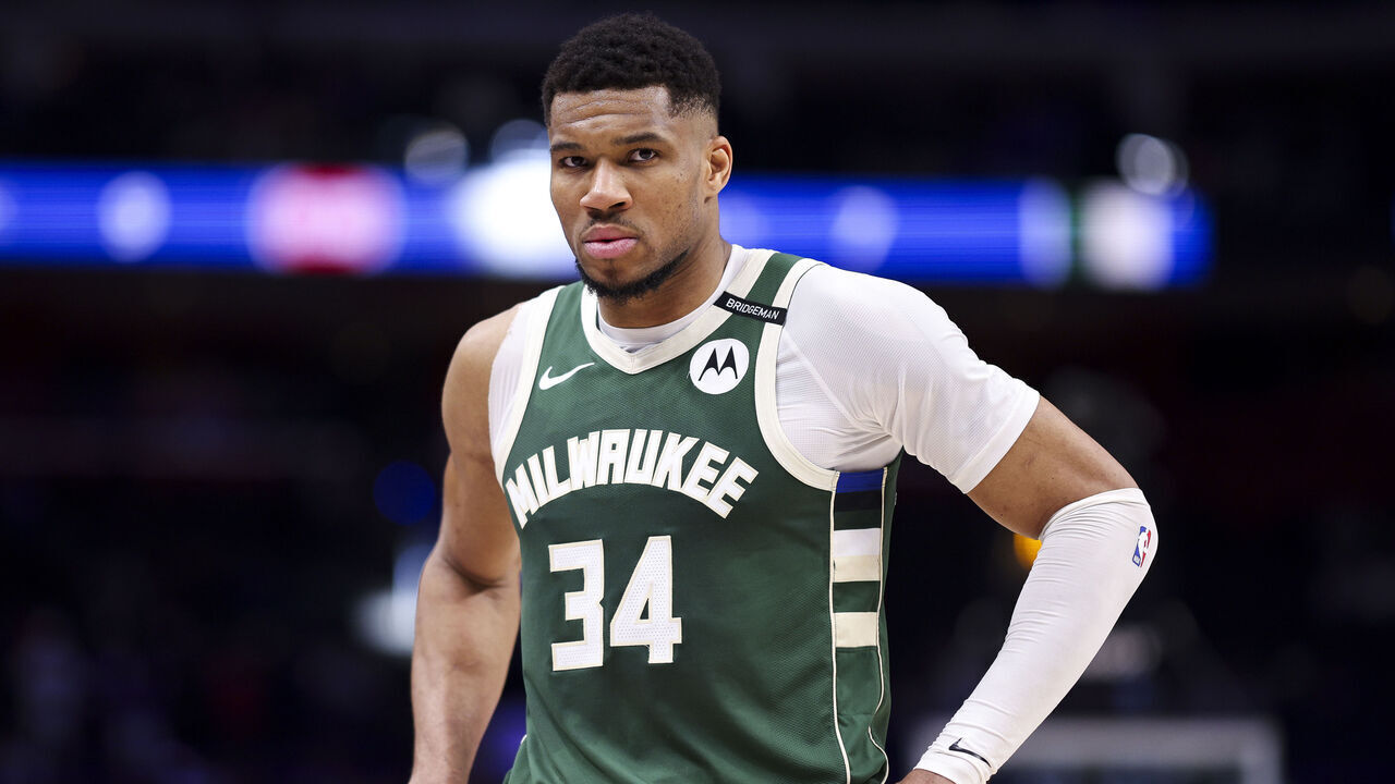 DETROIT, MICHIGAN - APRIL 11: Giannis Antetokounmpo #34 of the Milwaukee Bucks looks on during the fourth quarter of a game against the Detroit Pistons at Little Caesars Arena on April 11, 2025 in Detroit, Michigan.