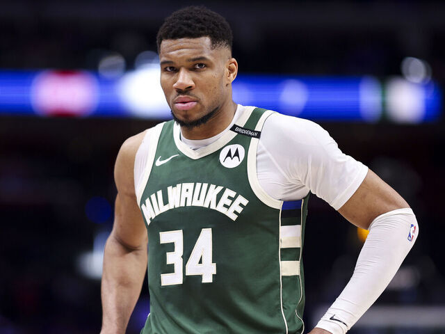 DETROIT, MICHIGAN - APRIL 11: Giannis Antetokounmpo #34 of the Milwaukee Bucks looks on during the fourth quarter of a game against the Detroit Pistons at Little Caesars Arena on April 11, 2025 in Detroit, Michigan.