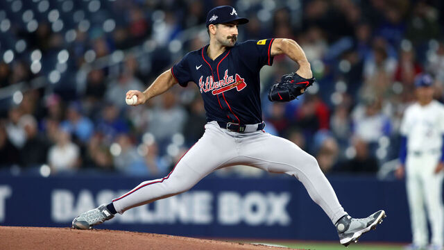 TORONTO, CANADA - APRIL 16: Spencer Strider #99 of the Atlanta Braves pitches in the first inning of their MLB game against the Toronto Blue Jays at Rogers Centre on April 16, 2025 in Toronto, Ontario, Canada.