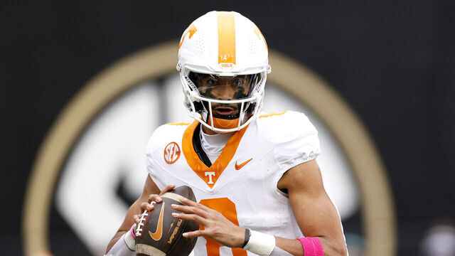 NASHVILLE, TENNESSEE - NOVEMBER 30: Nico Iamaleava #8 of the Tennessee Volunteers drops back to pass during the first half of the game between the Tennessee Volunteers and the Vanderbilt Commodores at FirstBank Stadium on November 30, 2024 in Nashville, Tennessee.
