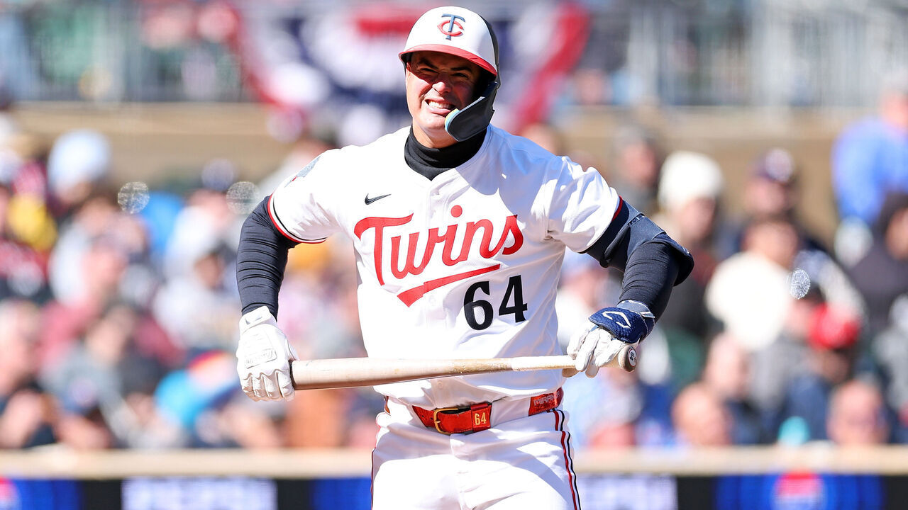 MINNEAPOLIS, MINNESOTA - APRIL 05: Jose Miranda #64 of the Minnesota Twins reacts to striking out against the Houston Astros in the fifth inning at Target Field on April 05, 2025 in Minneapolis, Minnesota. The Twins defeated the Astros 6-1.