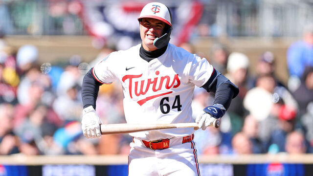 MINNEAPOLIS, MINNESOTA - APRIL 05: Jose Miranda #64 of the Minnesota Twins reacts to striking out against the Houston Astros in the fifth inning at Target Field on April 05, 2025 in Minneapolis, Minnesota. The Twins defeated the Astros 6-1.