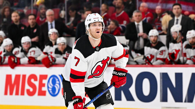 MONTREAL, CANADA - FEBRUARY 08: Dougie Hamilton #7 of the New Jersey Devils skates during the first period against the Montreal Canadiens at the Bell Centre on February 8, 2025 in Montreal, Quebec, Canada. The New Jersey Devils defeated the Montreal Canadiens 4-0.