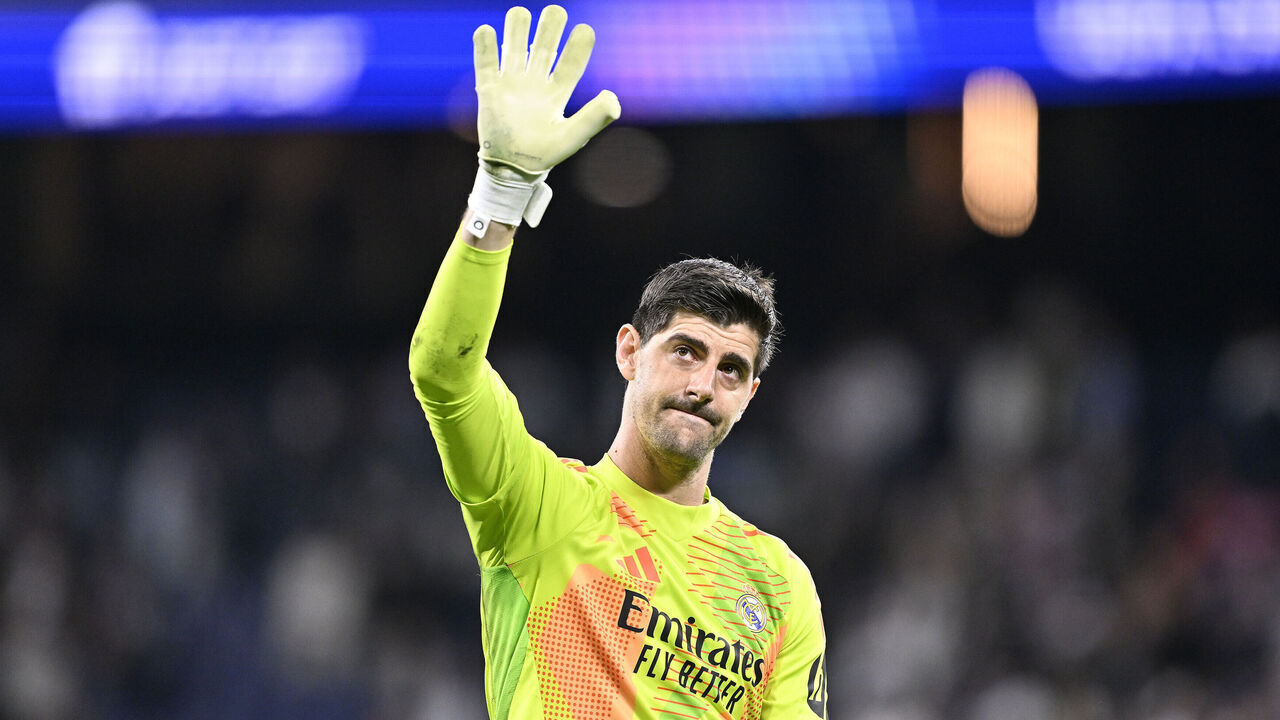 MADRID, SPAIN - APRIL 16: Thibaut Courtois of Real Madrid greets fans at the end of the UEFA Champions League quarter-final second-leg match between Real Madrid and Arsenal at Santiago Bernabeu Stadium in Madrid, Spain on April 16, 2025.
