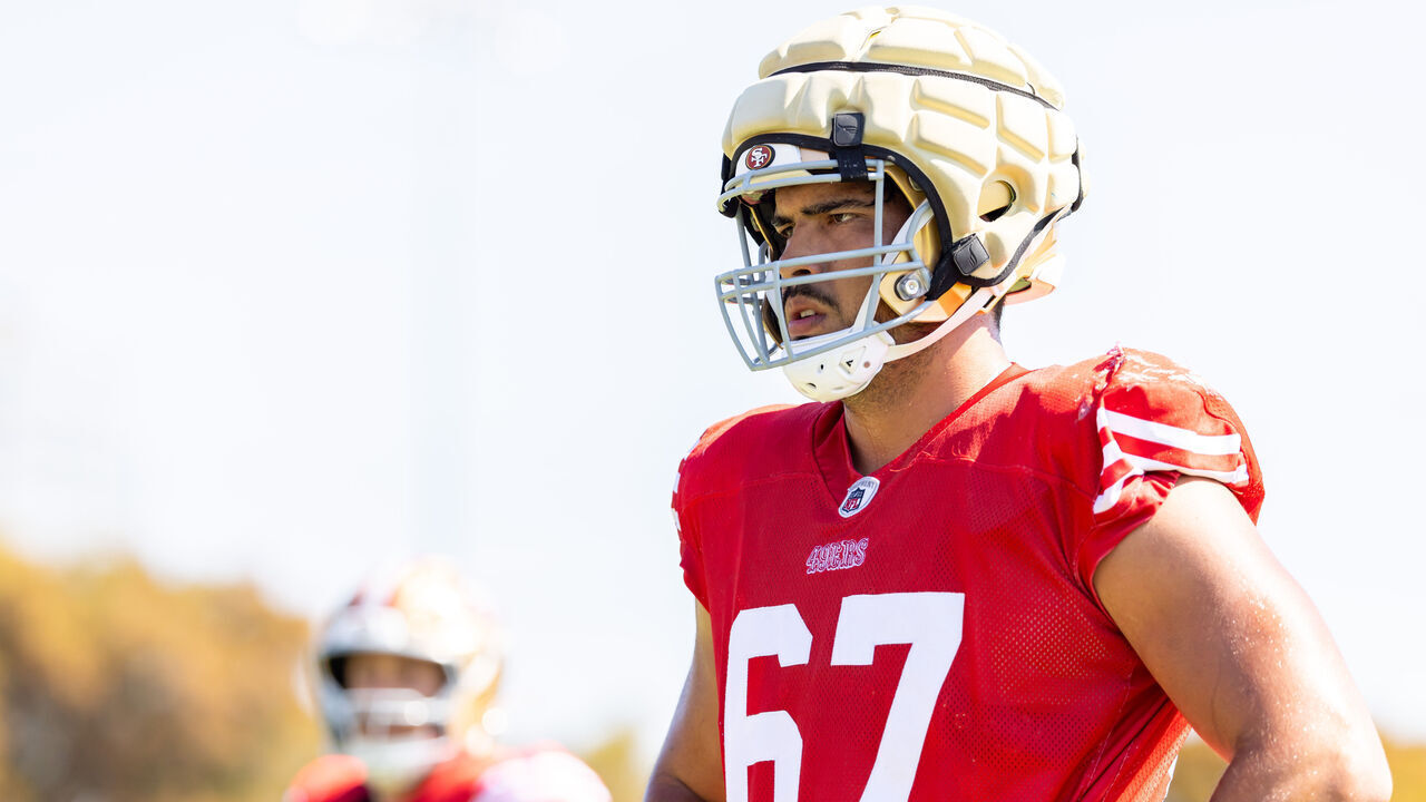 SANTA CLARA, CA - AUGUST 03: San Francisco 49ers offensive tackle Isaac Alarcon (67) during training camp on August 3, 2024 at SAP Performance Facility in Santa Clara, CA.