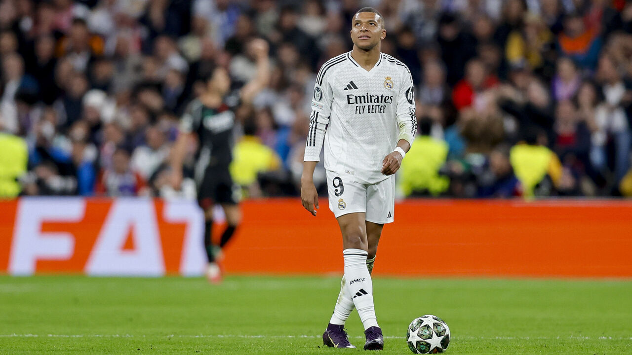 Madrid, Spain - April 16: Kylian Mbappe of Real Madrid looks dejected during the UEFA Champions League 2024/25 Quarter Final Second Leg match between Real Madrid C.F. and Arsenal FC at Estadio Santiago Bernabeu on April 16, 2025 in Madrid, Spain.