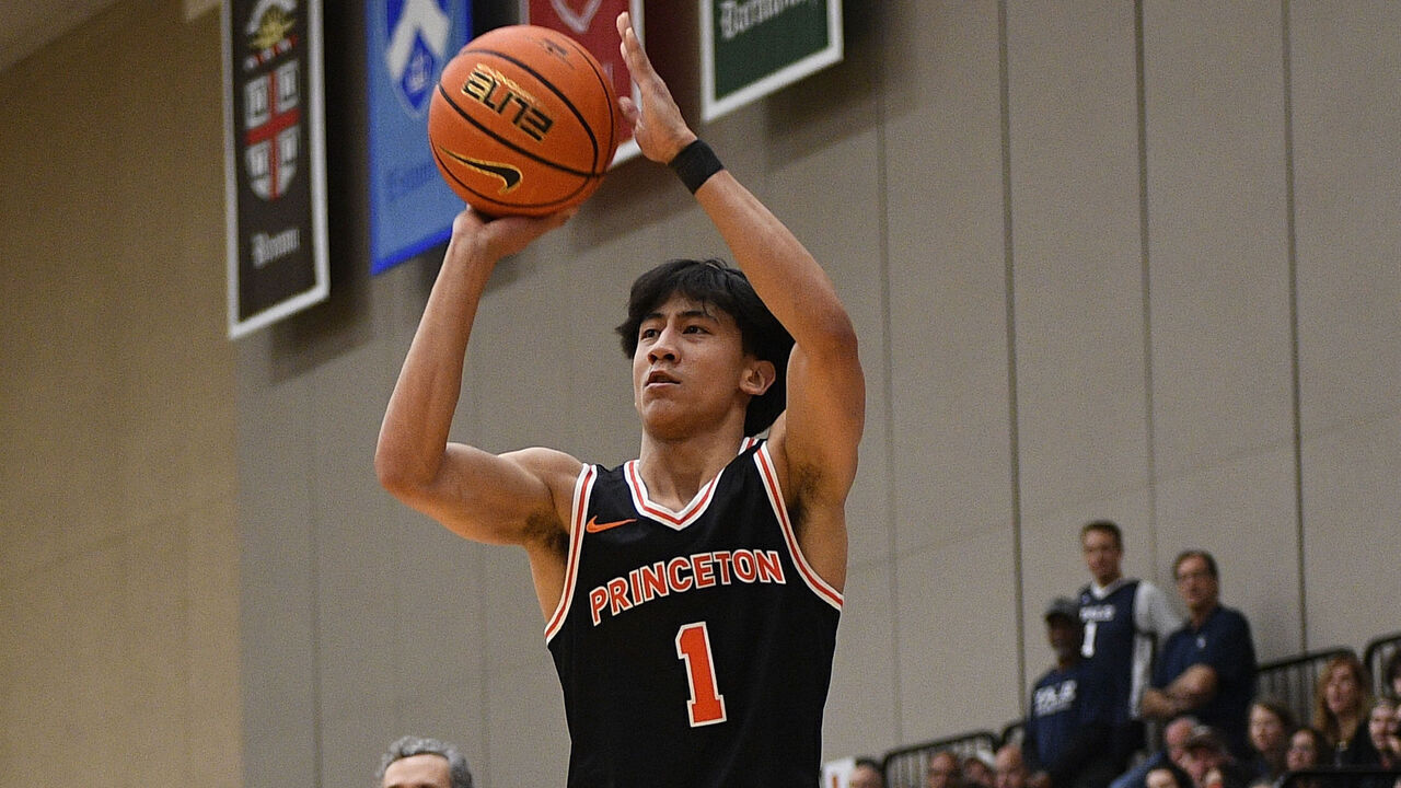 PROVIDENCE, RI - MARCH 15: Princeton Tigers guard Xaivian Lee (1) shoots the ball during the college basketball Ivy League Tournament semifinal game between the Princeton Tigers and the Yale Bulldogs on March 15, 2025, at the Pizzitola Sports Center in Providence, RI.