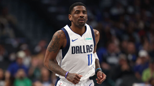 DALLAS, TEXAS - FEBRUARY 27: Kyrie Irving #11 of the Dallas Mavericks looks on during the first half of the game against the Charlotte Hornets at American Airlines Center on February 27, 2025 in Dallas, Texas. NOTE TO USER: User expressly acknowledges and agrees that, by downloading and/or using this photograph, user is consenting to the terms and conditions of the Getty Images License Agreement.