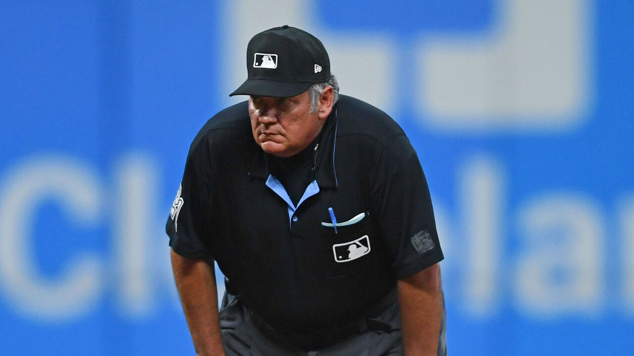 CLEVELAND, OHIO - AUGUST 27, 2024: Second base umpire Hunter Wendelstedt #21 in the field during the fifth inning of a game between the Kansas City Royals and the Cleveland Guardians at Progressive Field on August 27, 2024 in Cleveland, Ohio.
