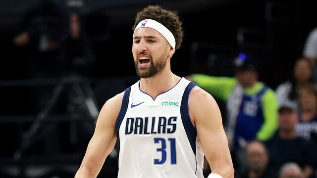 SACRAMENTO, CALIFORNIA - APRIL 16: Klay Thompson #31 of the Dallas Mavericks reacts after making a basket against the Sacramento Kings during the first half of the NBA play-in tournament game at Golden 1 Center on April 16, 2025 in Sacramento, California. NOTE TO USER: User expressly acknowledges and agrees that, by downloading and/or using this photograph, user is consenting to the terms and conditions of the Getty Images License Agreement.