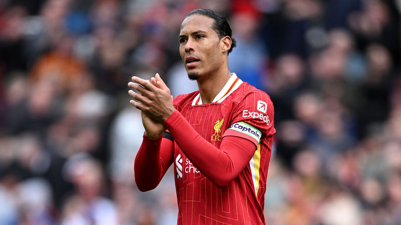 LIVERPOOL, ENGLAND - APRIL 13: Virgil van Dijk of Liverpool celebrates victory after the Premier League match between Liverpool FC and West Ham United FC at Anfield on April 13, 2025 in Liverpool, England.