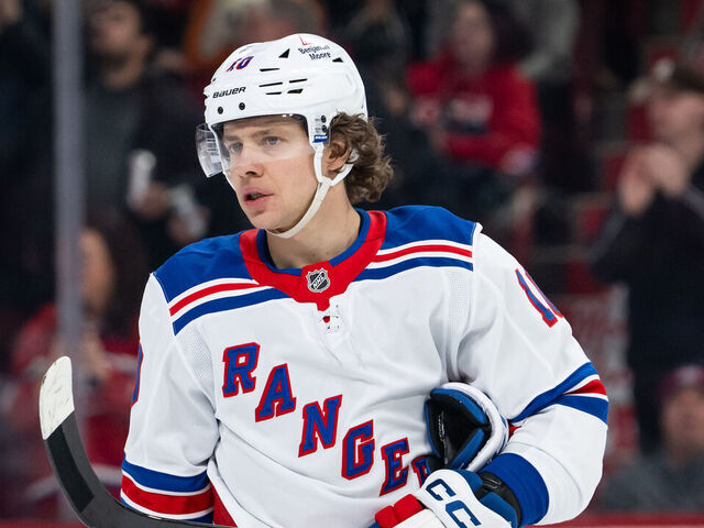 MONTREAL, QC - JANUARY 19: Artemi Panarin (10) of the New York Rangers waits for play to begin during the first period of the NHL game between the New York Rangers and the Montreal Canadiens on Jan 19 2025, at the Bell Centre in Montreal, QC