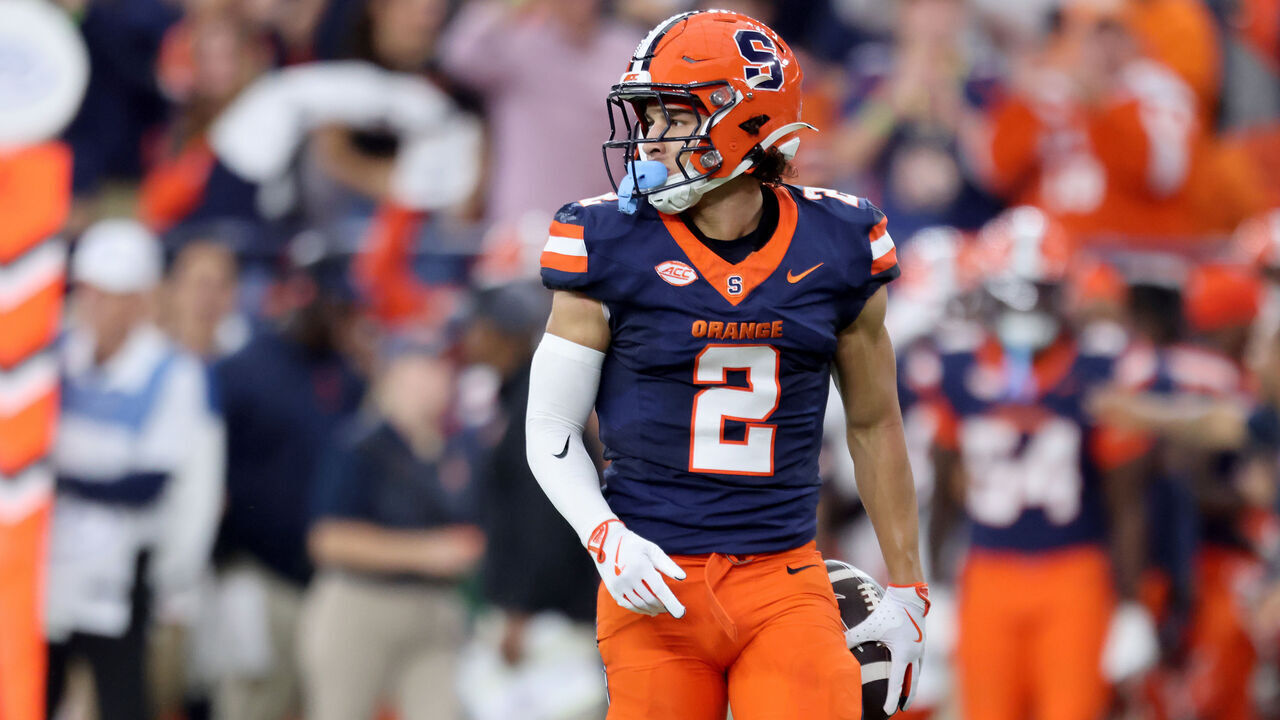 SYRACUSE, NEW YORK - SEPTEMBER 07: Trebor Pena #2 of the Syracuse Orange looks on during the second quarter against the Georgia Tech Yellow Jackets at JMA Wireless Dome on September 07, 2024 in Syracuse, New York.