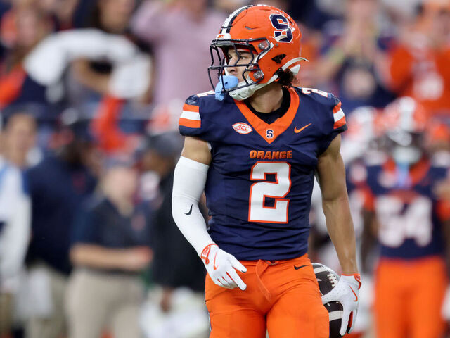 SYRACUSE, NEW YORK - SEPTEMBER 07: Trebor Pena #2 of the Syracuse Orange looks on during the second quarter against the Georgia Tech Yellow Jackets at JMA Wireless Dome on September 07, 2024 in Syracuse, New York.