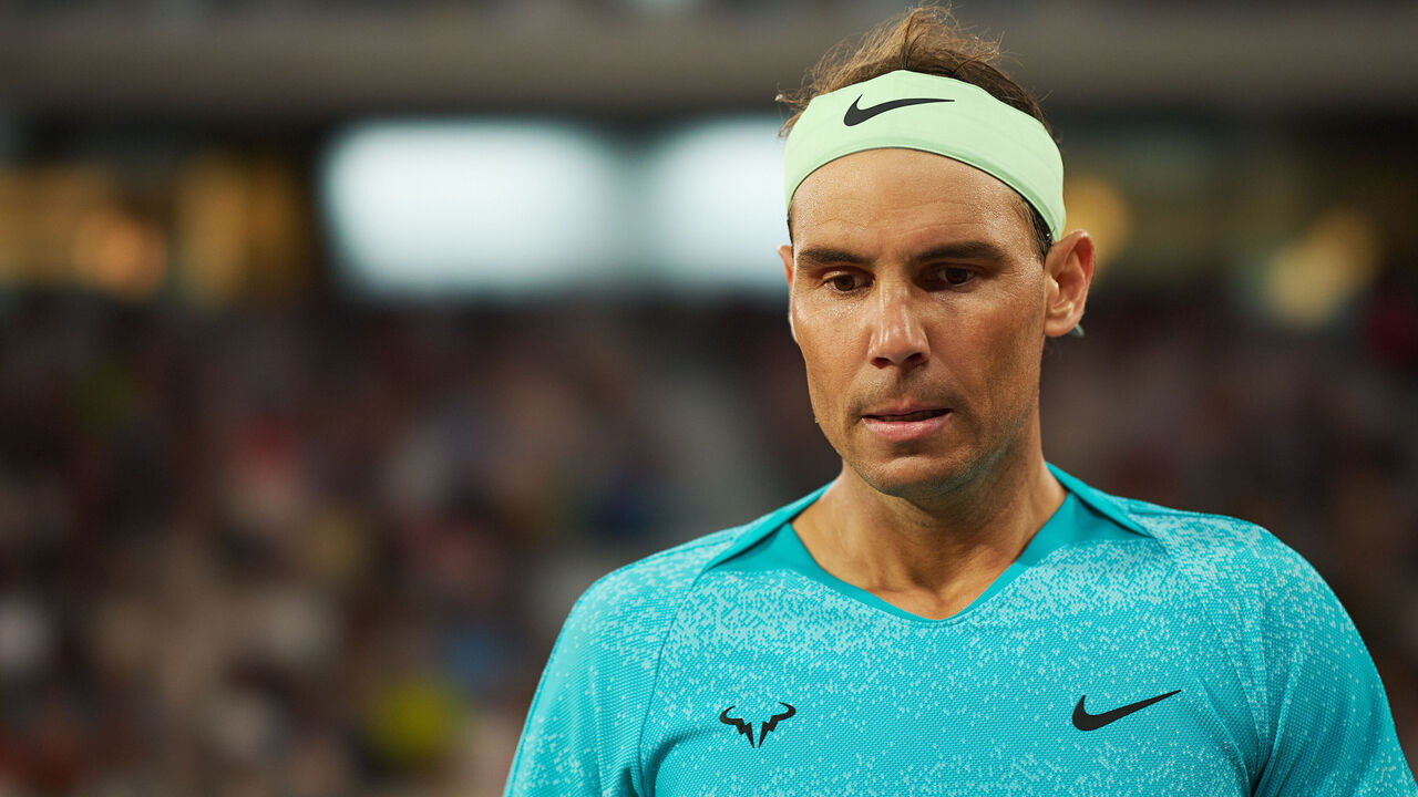 PARIS, FRANCE - MAY 27: Rafa Nadal of Spain reacts in the Men's Singles first round match against Alexander Szerev of Germany on day two of the 2024 French Open at Roland Garros on May 27, 2024 in Paris, France.