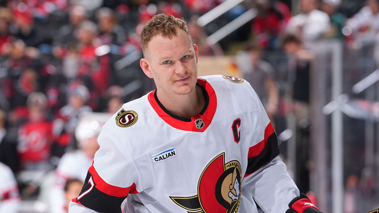 NEWARK, NJ - MARCH 22: Brady Tkachuk #7 of the Ottawa Senators skates during warm up prior to the game against the New Jersey Devils at Prudential Center on March 22, 2025 in Newark, New Jersey.