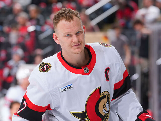 NEWARK, NJ - MARCH 22: Brady Tkachuk #7 of the Ottawa Senators skates during warm up prior to the game against the New Jersey Devils at Prudential Center on March 22, 2025 in Newark, New Jersey.