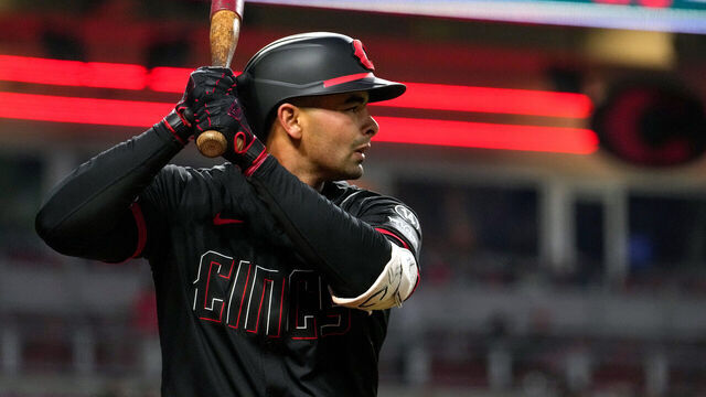 CINCINNATI, OHIO - APRIL 11: Christian Encarnacion-Strand #33 of the Cincinnati Reds seen in action during the game against the Pittsburgh Pirates at Great American Ball Park on April 11, 2025 in Cincinnati, Ohio.