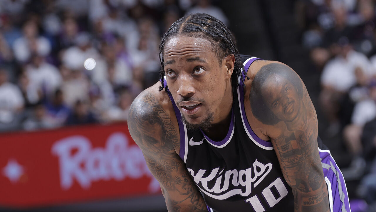 SACRAMENTO, CA - APRIL 16: DeMar DeRozan #10 of the Sacramento Kings looks on during the game against the Dallas Mavericks during the 2025 SoFi Play-In Tournament on April 16, 2025 at Golden 1 Center in Sacramento, California. Mandatory Copyright Notice: Copyright 2025 NBAE