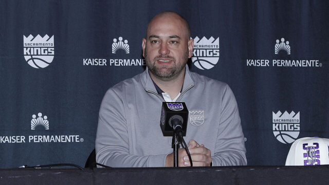 SACRAMENTO, CA - JUNE 25: Sacramento Kings 2022 NBA Draft Pick Keegan Murray and General Manager, Monte McNair talks to the media on June 25, 2022 at the Golden 1 Center in Sacramento, California. NOTE TO USER: User expressly acknowledges and agrees that, by downloading and/or using this Photograph, user is consenting to the terms and conditions of the Getty Images License Agreement. Mandatory Copyright Notice: Copyright 2022 NBAE