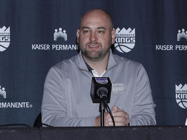 SACRAMENTO, CA - JUNE 25: Sacramento Kings 2022 NBA Draft Pick Keegan Murray and General Manager, Monte McNair talks to the media on June 25, 2022 at the Golden 1 Center in Sacramento, California. NOTE TO USER: User expressly acknowledges and agrees that, by downloading and/or using this Photograph, user is consenting to the terms and conditions of the Getty Images License Agreement. Mandatory Copyright Notice: Copyright 2022 NBAE