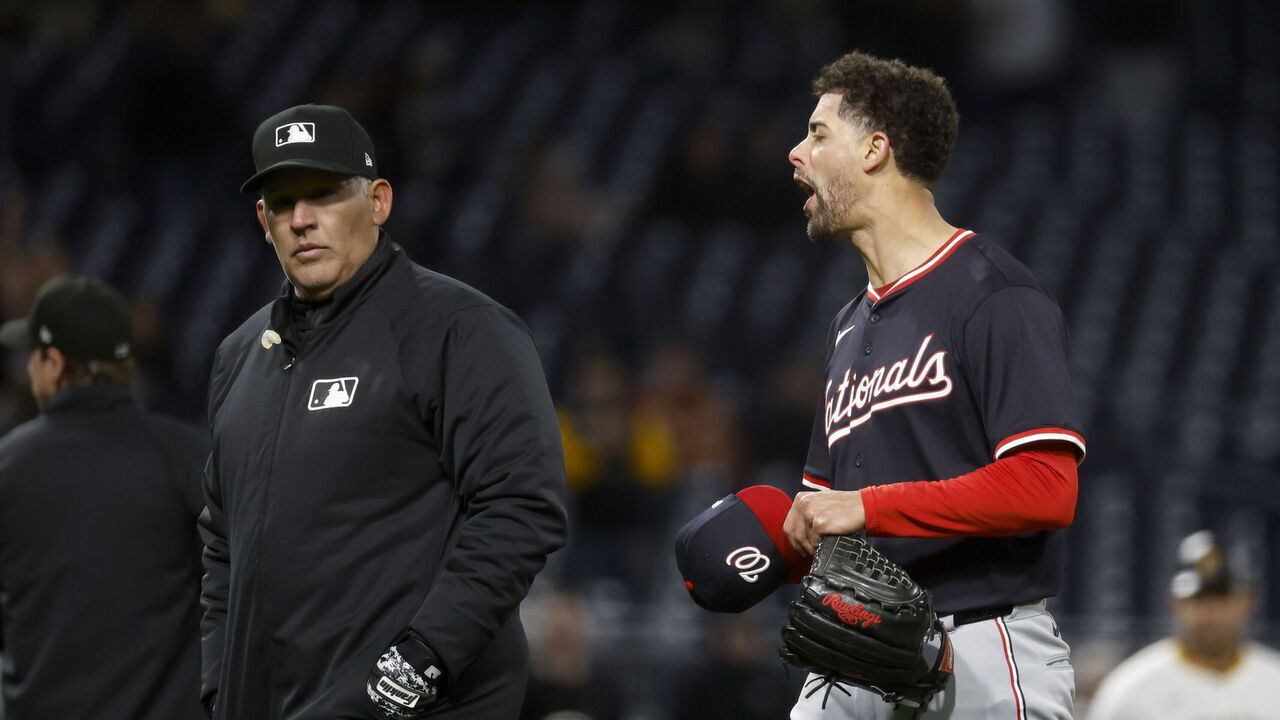 PITTSBURGH, PA - APRIL 16: Jorge López #21 of the Washington Nationals screams at the umpires after being ejected from the game in the seventh inning against the Pittsburgh Pirates during the game at PNC Park on April 16, 2025 in Pittsburgh, Pennsylvania.