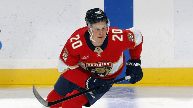 SUNRISE, FL - APRIL 8: Jesse Puljujarvi #20 of the Florida Panthers skates prior to the game against the Toronto Maple Leafs at the Amerant Bank Arena on April 8, 2025 in Sunrise, Florida.