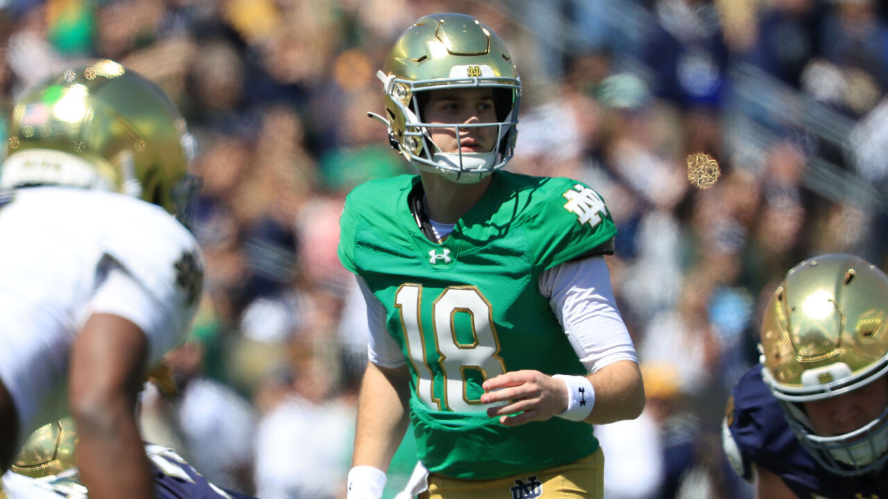 SOUTH BEND, INDIANA - APRIL 12: Steve Angeli #18 of the Notre Dame Fighting Irish directs his team during the 94th Annual Notre Dame Blue-Gold Spring Game at Notre Dame Stadium on April 12, 2025 in South Bend, Indiana.
