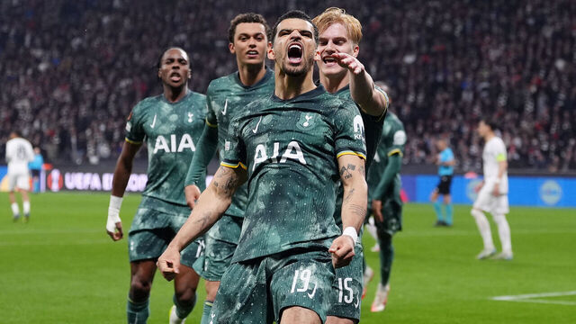 Tottenham Hotspur's Dominic Solanke (centre) celebrates with team-mates after scoring their side's first goal of the game from a penalty during the UEFA Europa League quarter-final, second leg match at the Deutsche Bank Park in Frankfurt, Germany. Picture date: Thursday April 17, 2025.