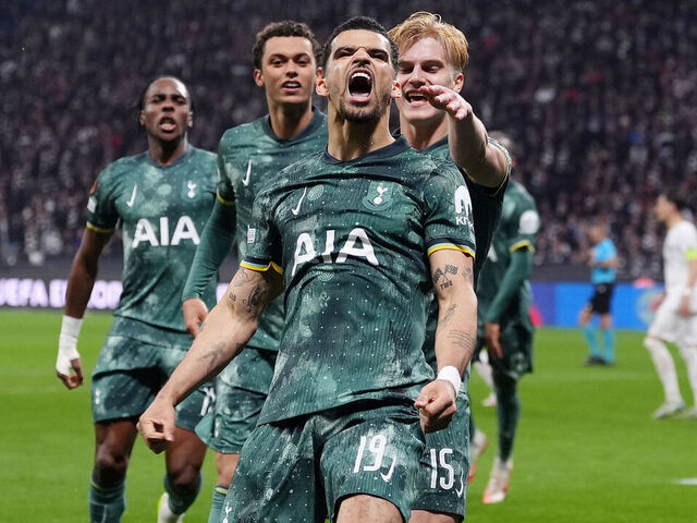 Tottenham Hotspur's Dominic Solanke (centre) celebrates with team-mates after scoring their side's first goal of the game from a penalty during the UEFA Europa League quarter-final, second leg match at the Deutsche Bank Park in Frankfurt, Germany. Picture date: Thursday April 17, 2025.