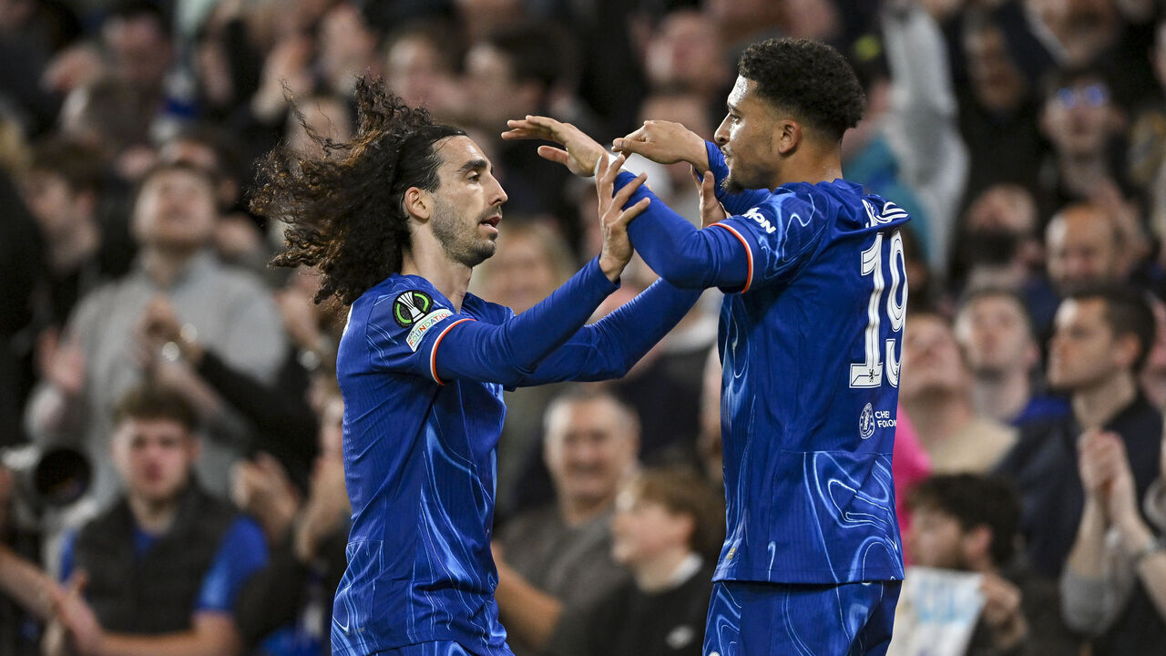London, United Kingdom - April 17: Marc Cucurella of FC Chelsea celebrates after scoring his team's first goal during the UEFA Conference League 2024/25 Quarter Final Second Leg match between Chelsea FC and Legia Warszawa at Stamford Bridge on April 17, 2025 in London, England.