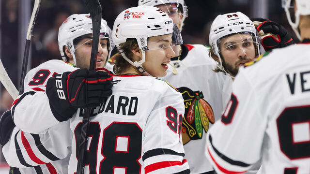 OTTAWA, ON - APRIL 15: Chicago Blackhawks center Connor Bedard (98) celebrates center Frank Nazar (91) game winning goal during overtime National Hockey League action between the Chicago Blackhawks and Ottawa Senators on April 15, 2025, at Canadian Tire Centre in Ottawa, ON, Canada.