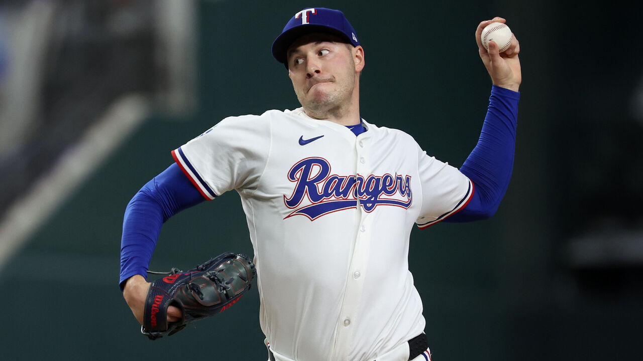 ARLINGTON, TEXAS - APRIL 16: Patrick Corbin #46 of the Texas Rangers pitches during the first inning \L at Globe Life Field on April 16, 2025 in Arlington, Texas.