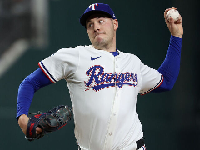 ARLINGTON, TEXAS - APRIL 16: Patrick Corbin #46 of the Texas Rangers pitches during the first inning \L at Globe Life Field on April 16, 2025 in Arlington, Texas.