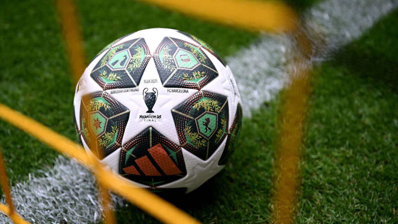 DORTMUND, GERMANY - APRIL 15: A detailed view of the Adidas UEFA Champions League knockout round match ball, seen prior to the UEFA Champions League 2024/25 Quarter Final Second Leg match between Borussia Dortmund and FC Barcelona at BVB Stadion Dortmund on April 15, 2025 in Dortmund, Germany.