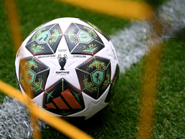 DORTMUND, GERMANY - APRIL 15: A detailed view of the Adidas UEFA Champions League knockout round match ball, seen prior to the UEFA Champions League 2024/25 Quarter Final Second Leg match between Borussia Dortmund and FC Barcelona at BVB Stadion Dortmund on April 15, 2025 in Dortmund, Germany.
