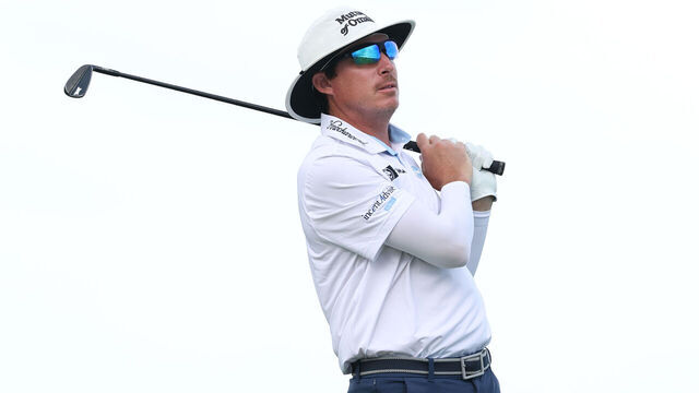 PUNTA CANA, DOMINICAN REPUBLIC - APRIL 17: Joel Dahmen of the United States plays his shot from the ninth tee during the first round of the Corales Puntacana Championship 2025 at Puntacana Resort & Club, Corales Golf Course on April 17, 2025 in Punta Cana, Dominican Republic.