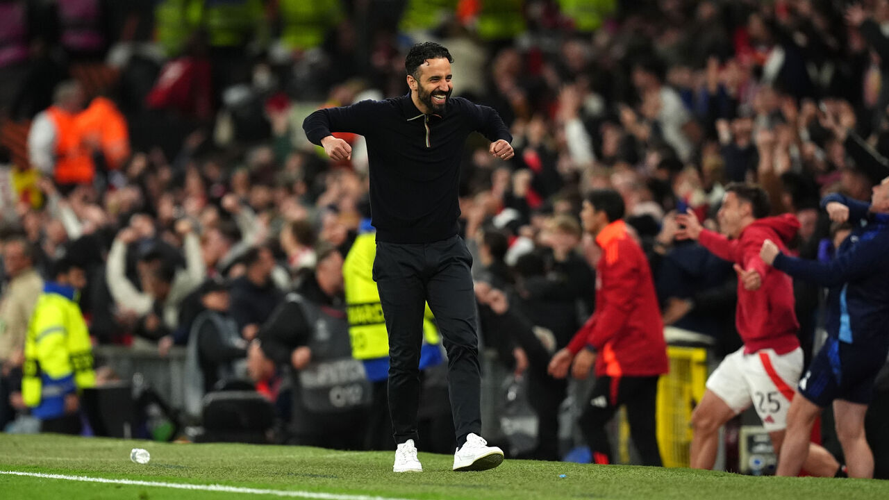 Manchester United manager Ruben Amorim celerbates on the touchline following the UEFA Europa League quarter-final, second leg match at the Old Trafford in Manchester, England. Picture date: Thursday April 17, 2025.