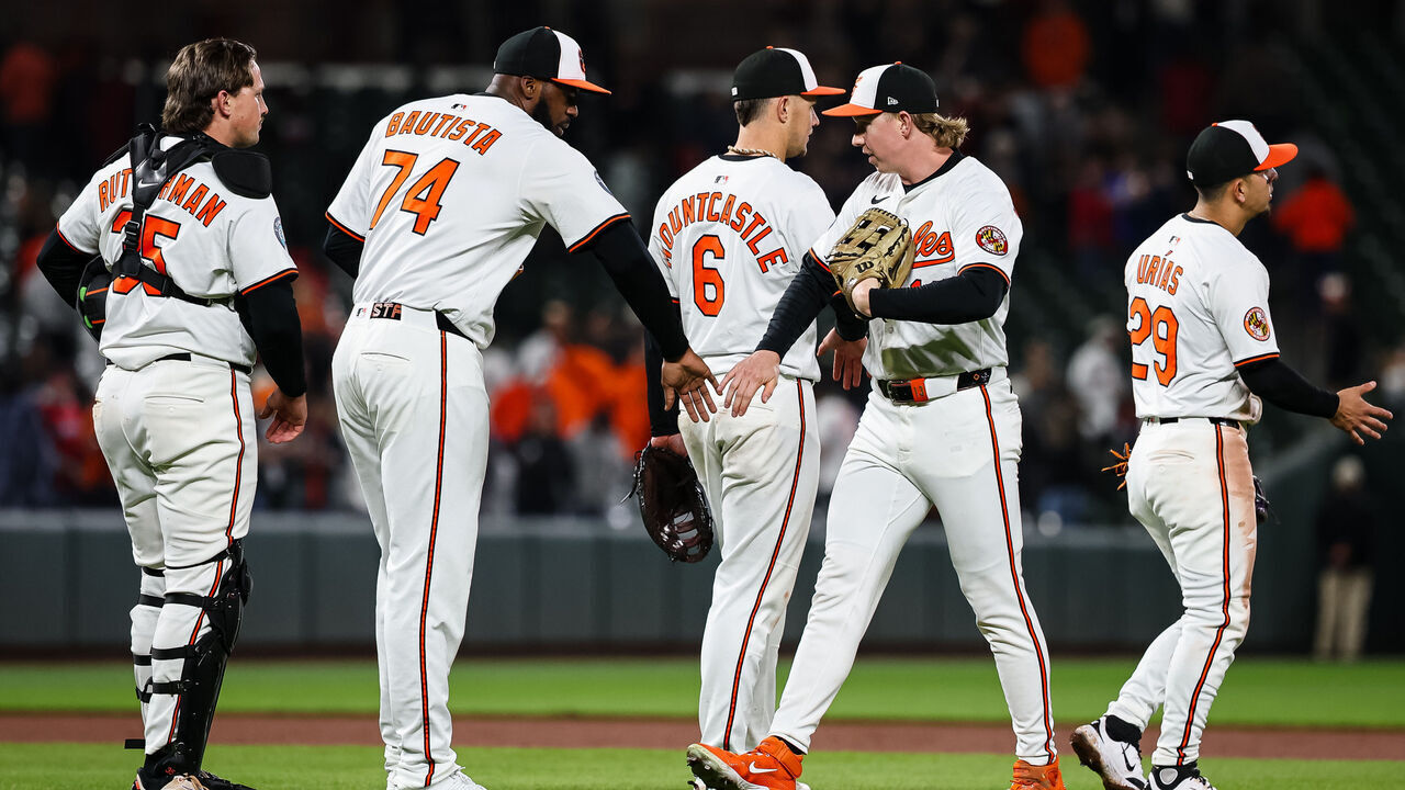 BALTIMORE, MD - APRIL 17: Adley Rutschman #35, Félix Bautista #74, Ryan Mountcastle #6, Heston Kjerstad #13, and Ramón Urías #29 of the Baltimore Orioles celebrate after the game against the Cleveland Guardians at Oriole Park at Camden Yards on April 17, 2025 in Baltimore, Maryland.