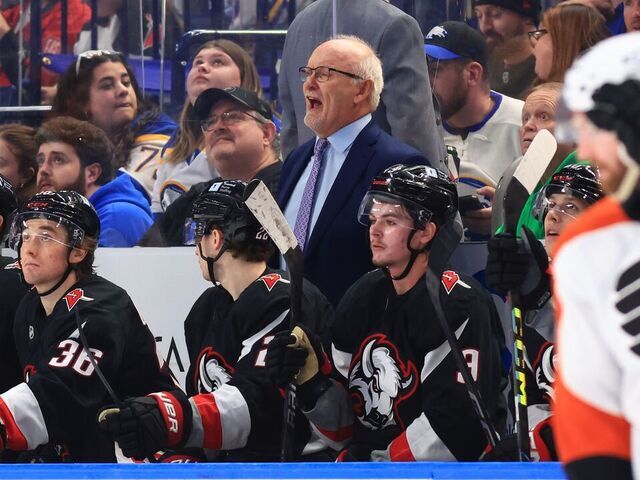 BUFFALO, NEW YORK - APRIL 17: Buffalo Sabres head coach Lindy Ruff works the bench during a game against the Philadelphia Flyers on April 17, 2025 at KeyBank Center in Buffalo, New York. Buffalo won, 5-4 for his 900th NHL victory.