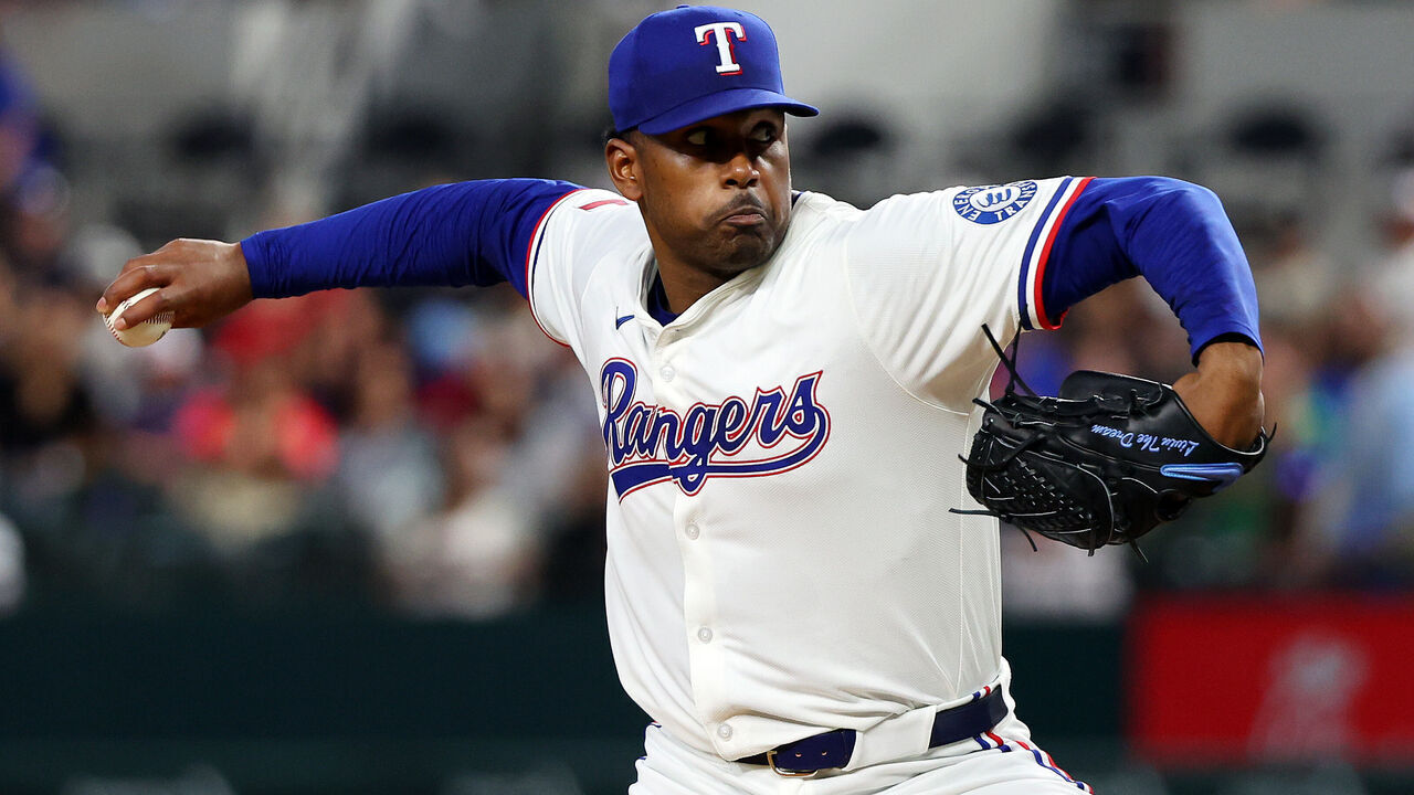 ARLINGTON, TEXAS - APRIL 17: Kumar Rocker #80 of the Texas Rangers pitches against the Los Angeles Angels in the first inning at Globe Life Field on April 17, 2025 in Arlington, Texas.